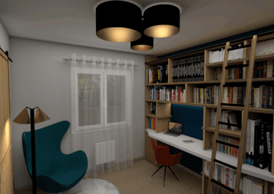Vue 3D de la bibliothèque projetée, avec un meuble sur mesure intégrant un bureau
