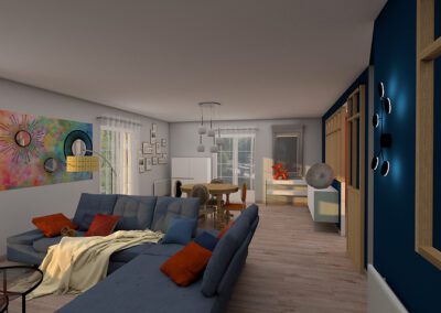 Vue 3D du séjour côté salle à manger projeté
