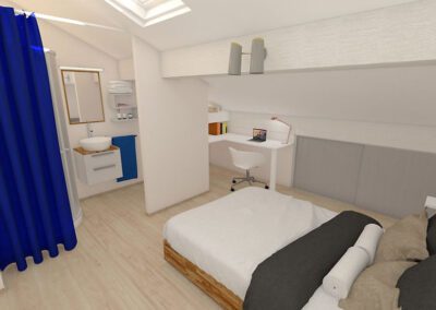 Vue 3D chambre avec petite salle d'eau fermée par un rideau