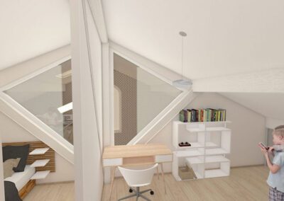 Vue 3D des chambres : vitrages intégrés à la charpente, plafond rampant