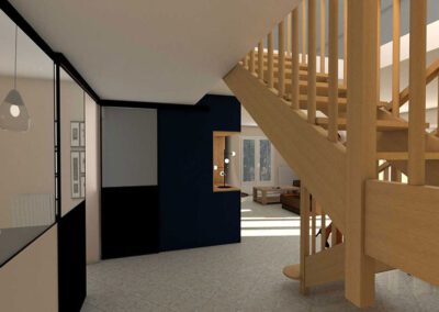 Entrée dans séjour avant travaux, cheminée rustique en arrière plan