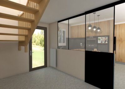 Vue 3D aménagement entrée : porte d'entrée vitrée, verrière atelier ouverte sur la cuisine