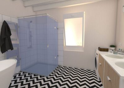 Vue 3D escalier multifonction (meuble TV, bibliothèque) avec garde-corps invisible (câbles acier)
