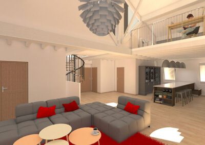 Vue 3D cuisine ouverte sur salon avec bureau en mezzanine