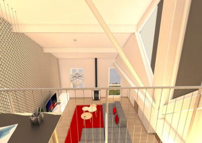 Vue 3D plongeante vers le salon depuis la mezzanine