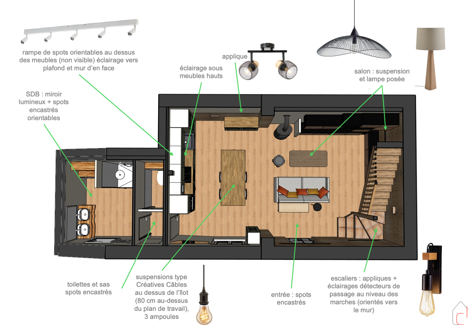 pigeo-RDC-eclairage Photographie du salon après travaux